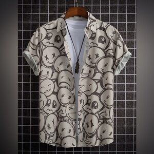 ROMWE Graphic Short Sleeve Button Down Shirt - Mens Size Large - White Gray